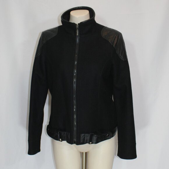 Trina Turk wool blend classic jacket with leather trim black zip size 6 - Picture 2 of 10